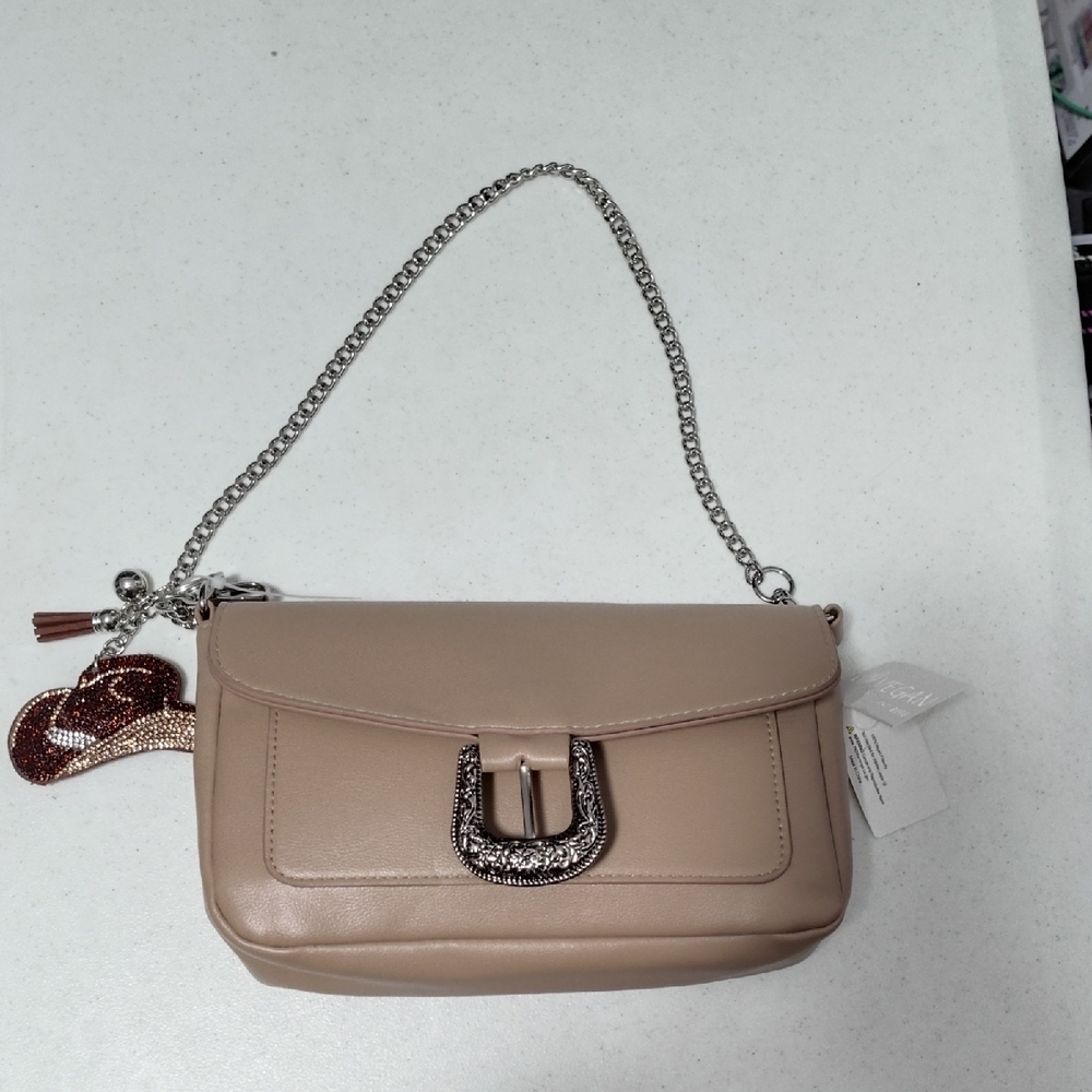 Taupe Shoulder Bag with Decorative Silver Buckle